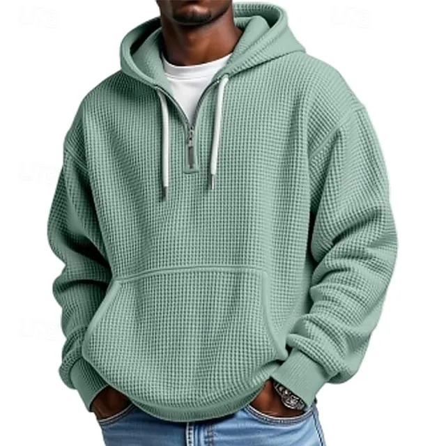 Men's Hoodie Waffle Hoodies Quarter Zip Hoodie Apricot White Light Green Army Green Red Hooded Plain Kangaroo Pocket Textured Sports & Outdoor Casual Daily Streetwear Cool Sportswear Fall Spring