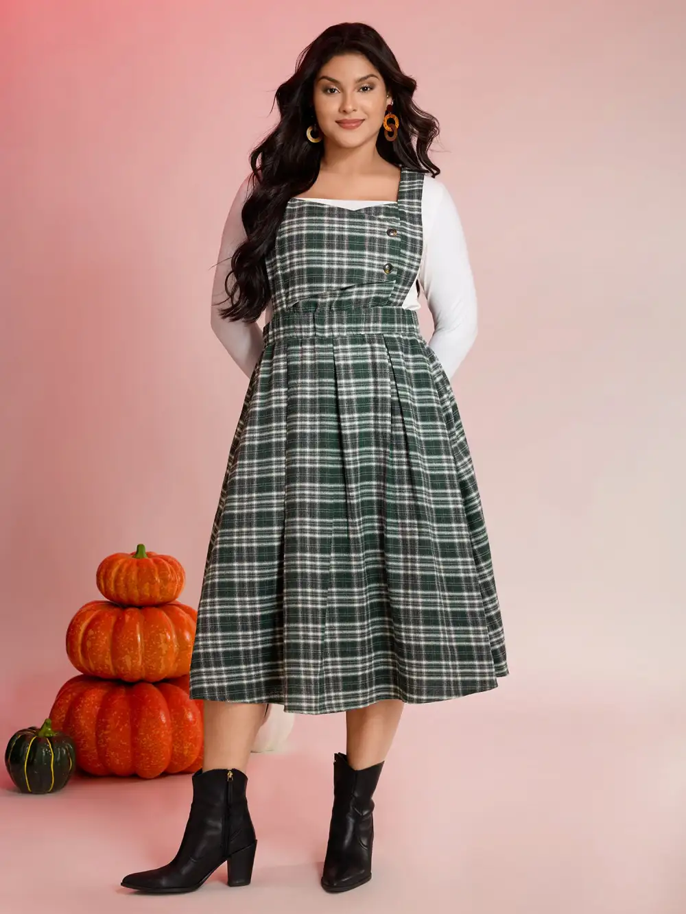 Plaid Pleated Suspender Skirt Adjustable Midi Dress