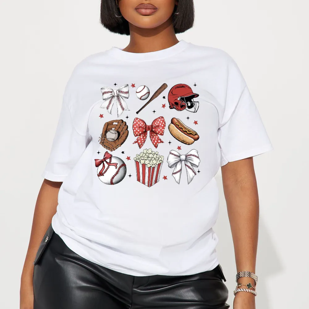 Baseballs, Baseball Bats, Baseball Helmets, Baseball Gloves, Bow Ties, Hot Dogs, Popcorn And Star Combination Patterns, Casual T-Shirts.