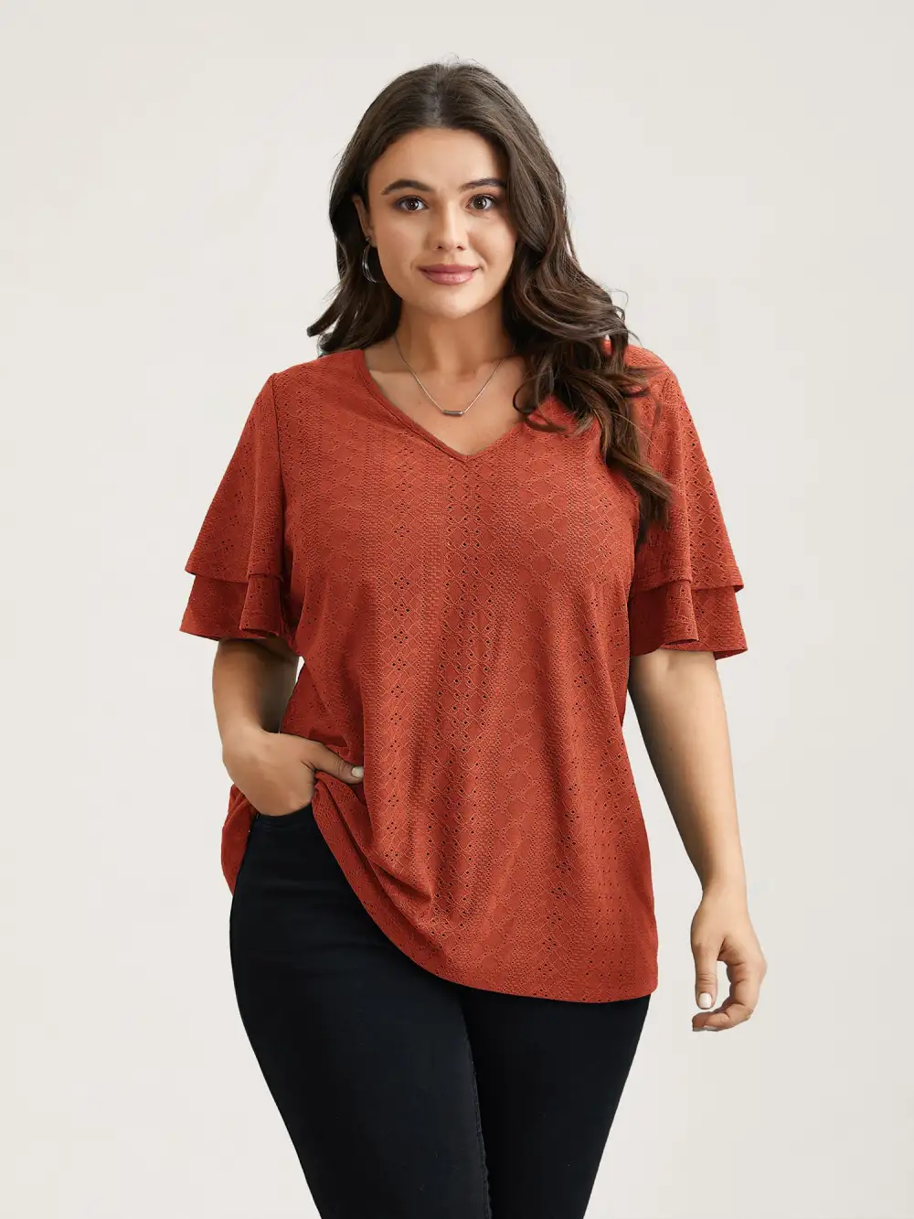 Jacquard Textured Lotus Leaf Sleeve Top