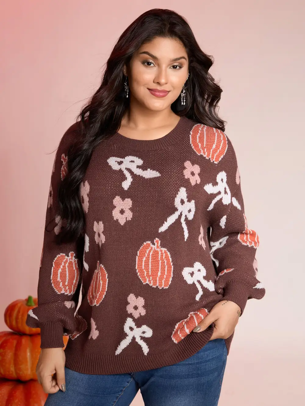 Pumpkin Print Ribbed Hem Pullover