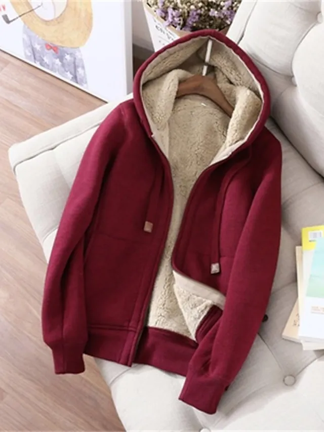 Women's Sweatshirt Tracksuit Pants Sets Black Red Blue Solid Color Zipper Drawstring Long Sleeve Sport Vacation Streetwear Sherpa Fleece Teddy Hooded Regular Fit Fall & Winter