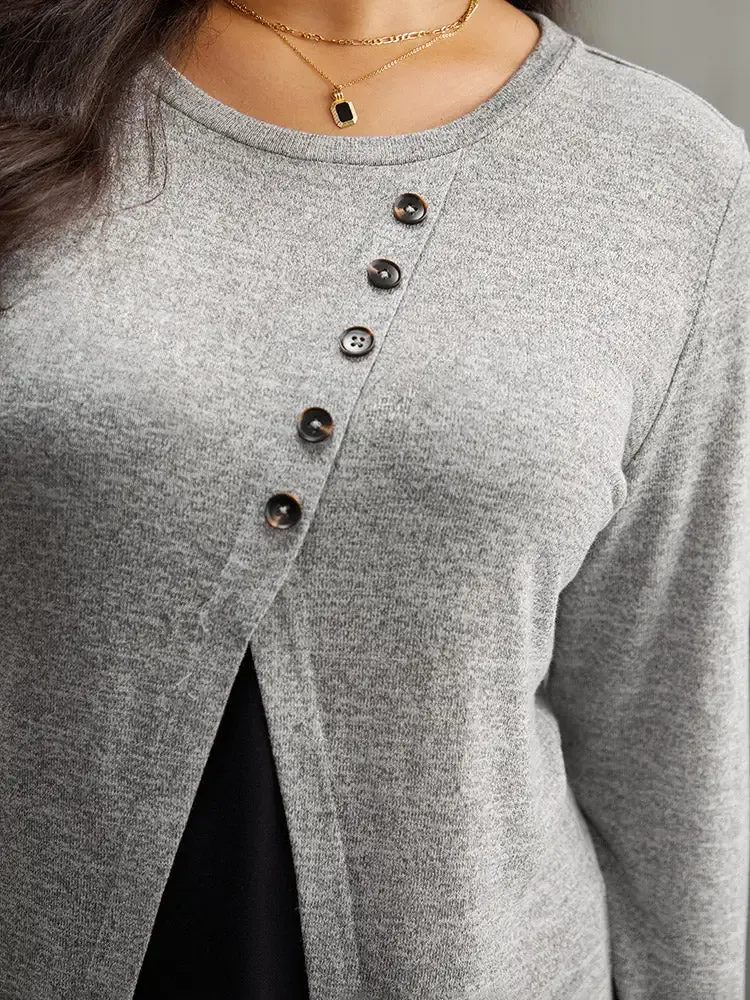 Contrast Patchwork Crew Neck Button Detail T-Shirt
