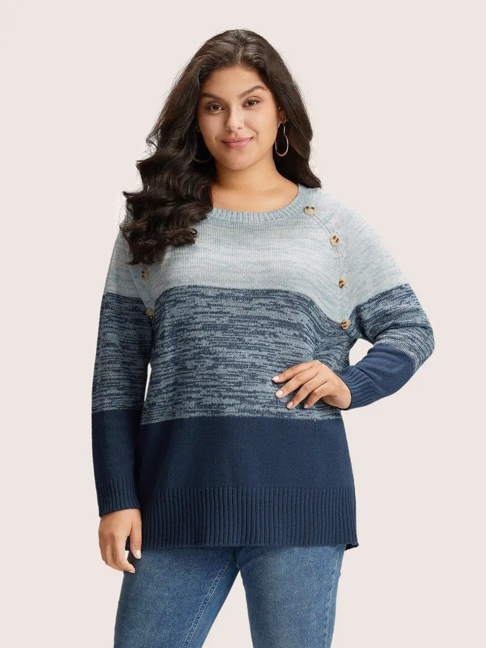 Colorblock Contrast Heather Button Detail Pullover