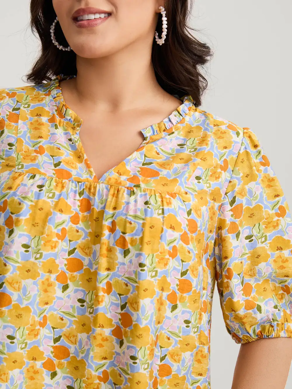 Rayon Ruffled Notched Collar Blouse