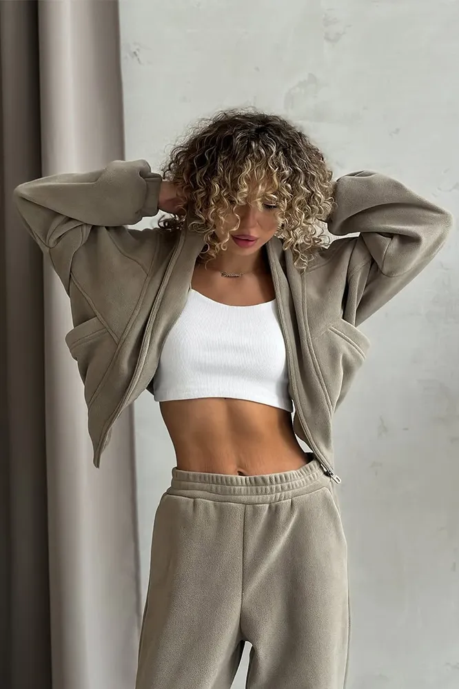 Women's Solid Color Zipper Jacket & Pants Two Piece Set
