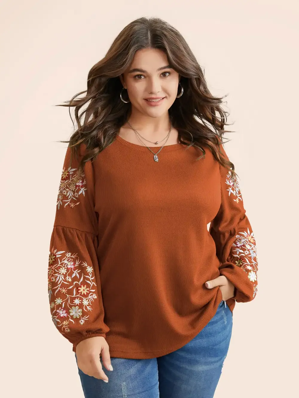 Waffle Knit Floral Embroidered Lantern Sleeve T-Shirt
