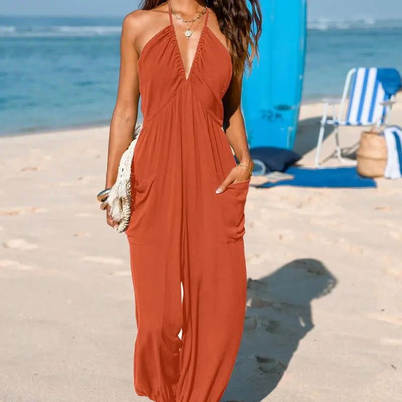 Women's Plunge Halter Jumpsuit – Sleeveless Pleated Maxi Romper with Pockets