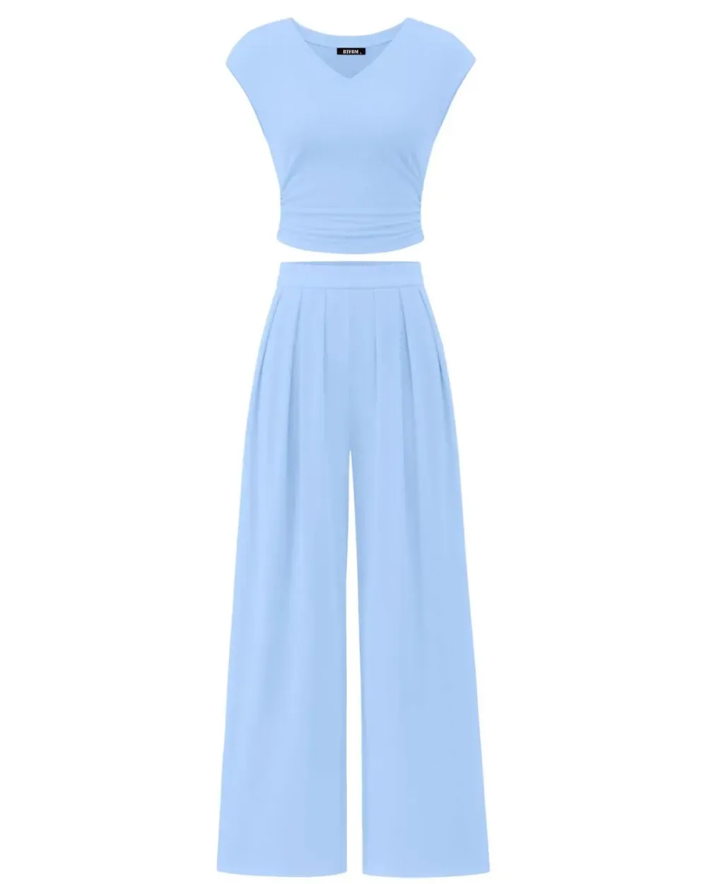 ✨Women's casual ribbed knit suit V-neck short sleeve with wide-leg pants