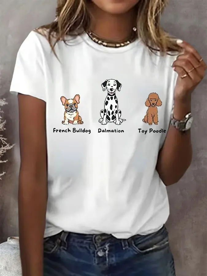 Women'S French Bulldog Dalmatian Toy Poodle Print Round Neck T-Shirt