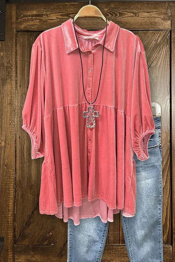 Vintage Velvet Half Sleeve Pleated Top