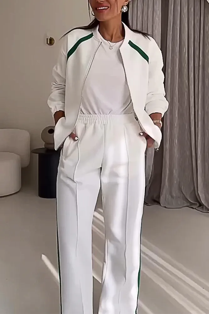 Women's contrast color zipper cardigan jacket & pants two-piece set