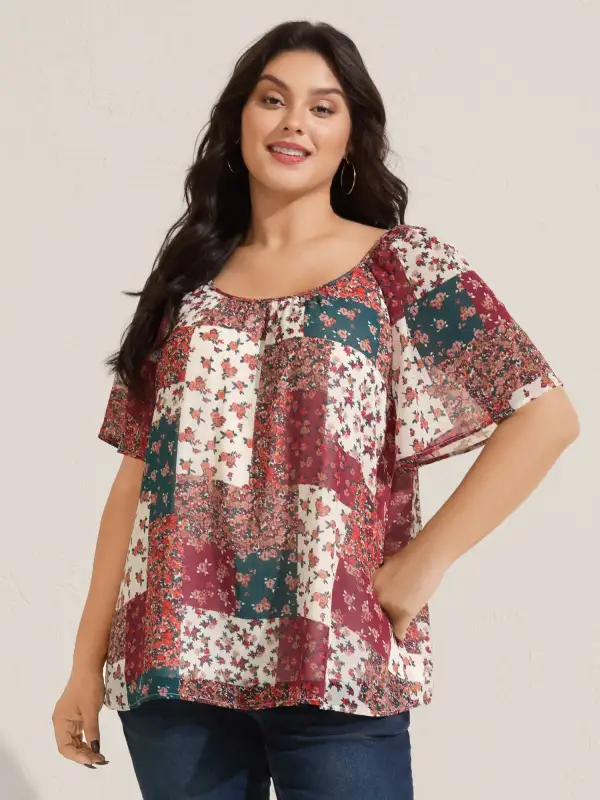 Boho Collage Print Backless Tie Blouse