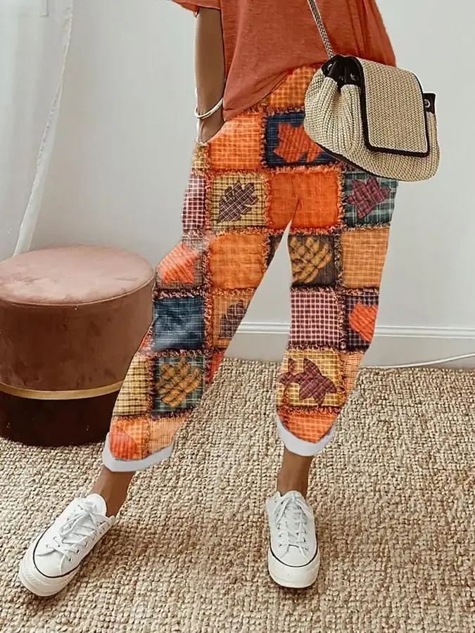 Women's Patchwork Pumpkin Design Printed Casual Pants