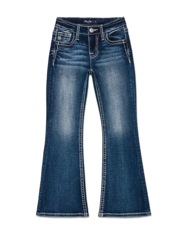 Girls Feather Cross Flower Flare Jeans