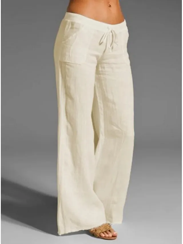 Women's Wide Leg Chinos Cotton Linen Baggy Mid Waist Black Summer