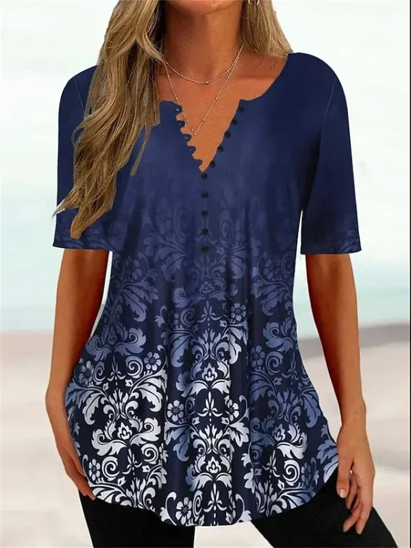 Women's T shirt Tee Henley Shirt Floral Color Gradient Casual Weekend Black Red Blue Print Short Sleeve Tunic Basic V Neck Regular Fit
