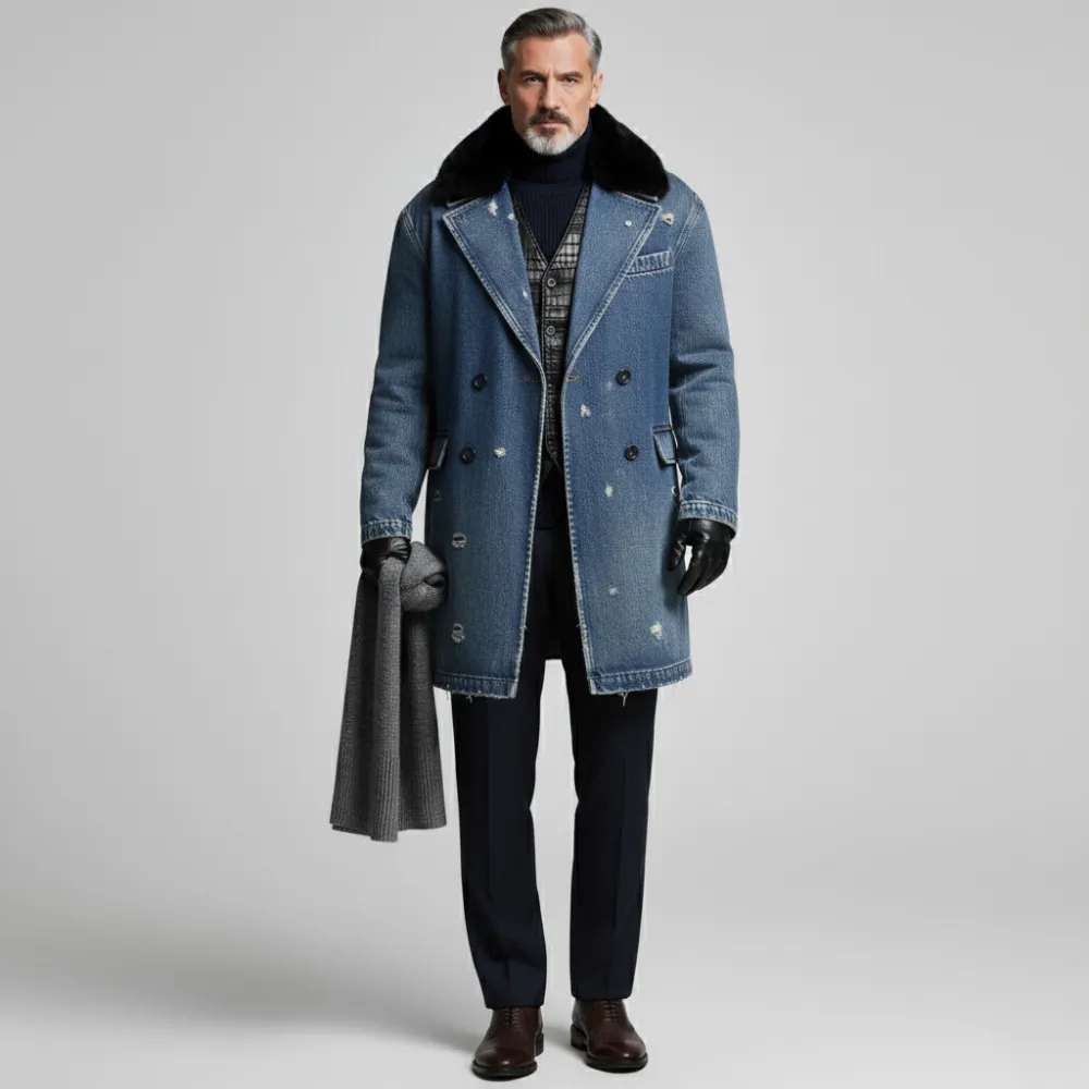 Men's Blue Denim Ripped Black Furry Collar Double Breasted Long Sleeve Overcoat