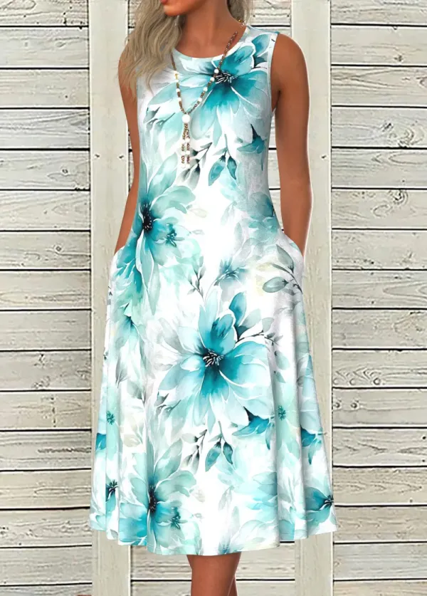 Blue Pocket Floral Print A Line Sleeveless Dress