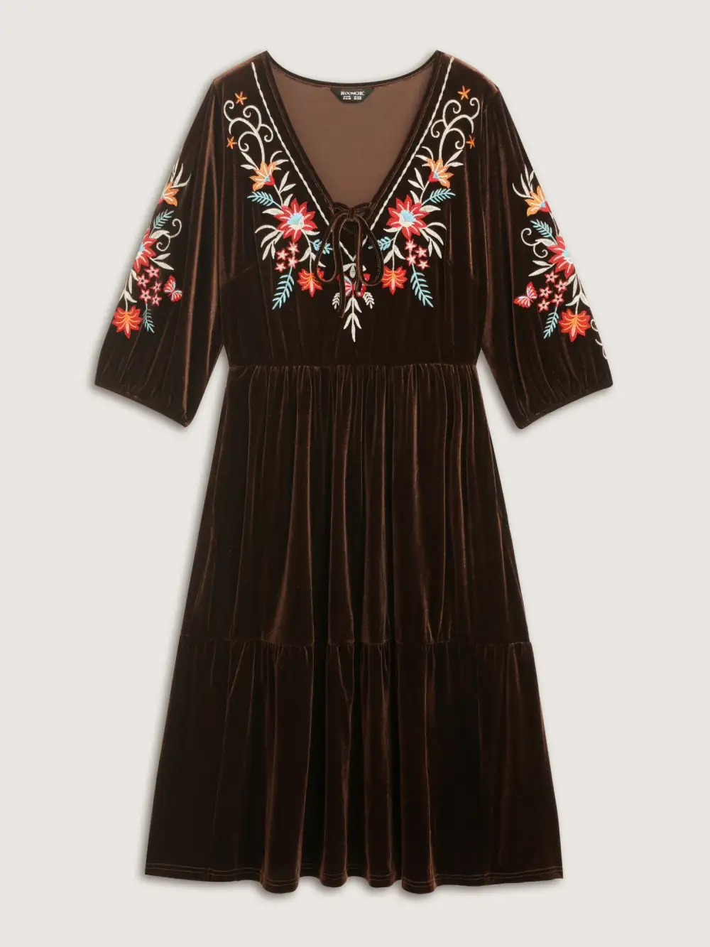 Floral Embroidered Stretchy Waist Pockets Midi Dress