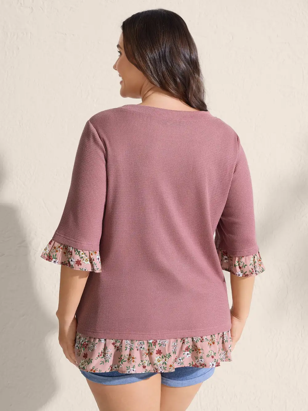 Ribbed Floral Patchwork Ruffled Sleeve T-Shirt