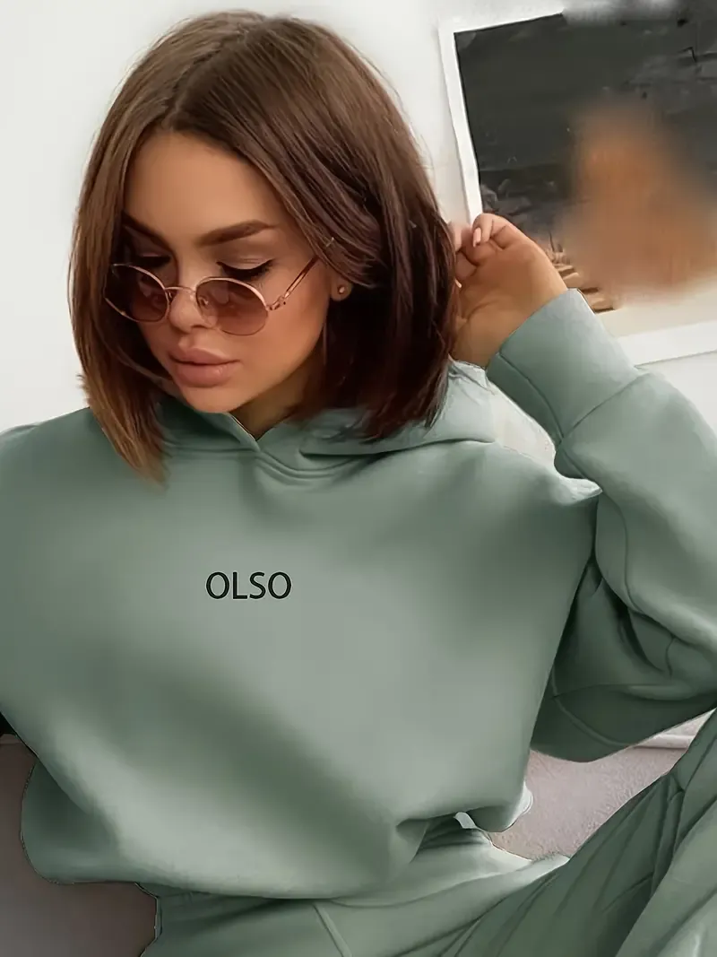 Casual Two-piece Set, Letter Print Long Sleeve Hooded Sweatshirt & Elastic Waist Sweatpants Outfits, Women's Clothing