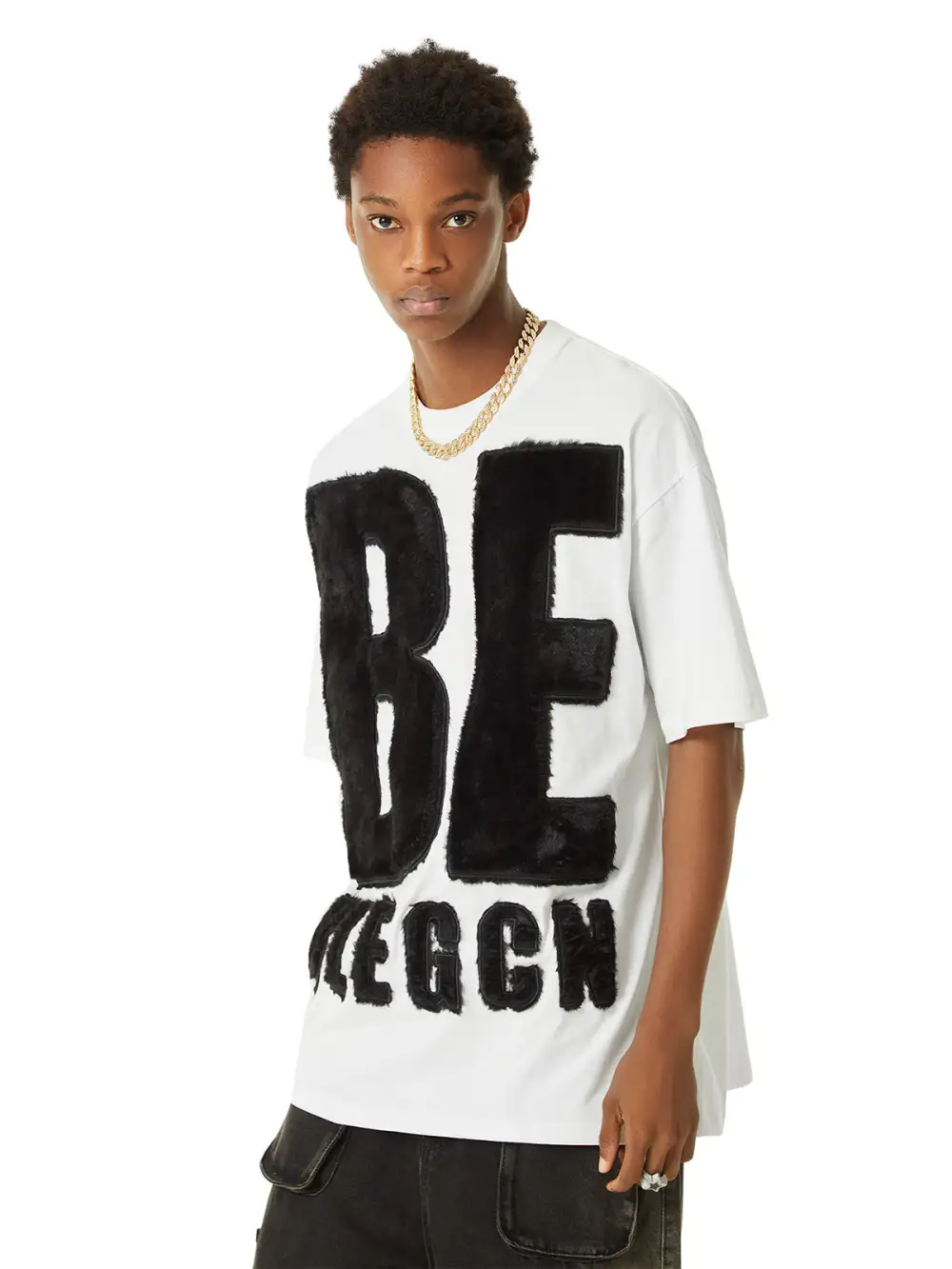 Suede Embroidered Letters Street Rap T-shirt - 2047