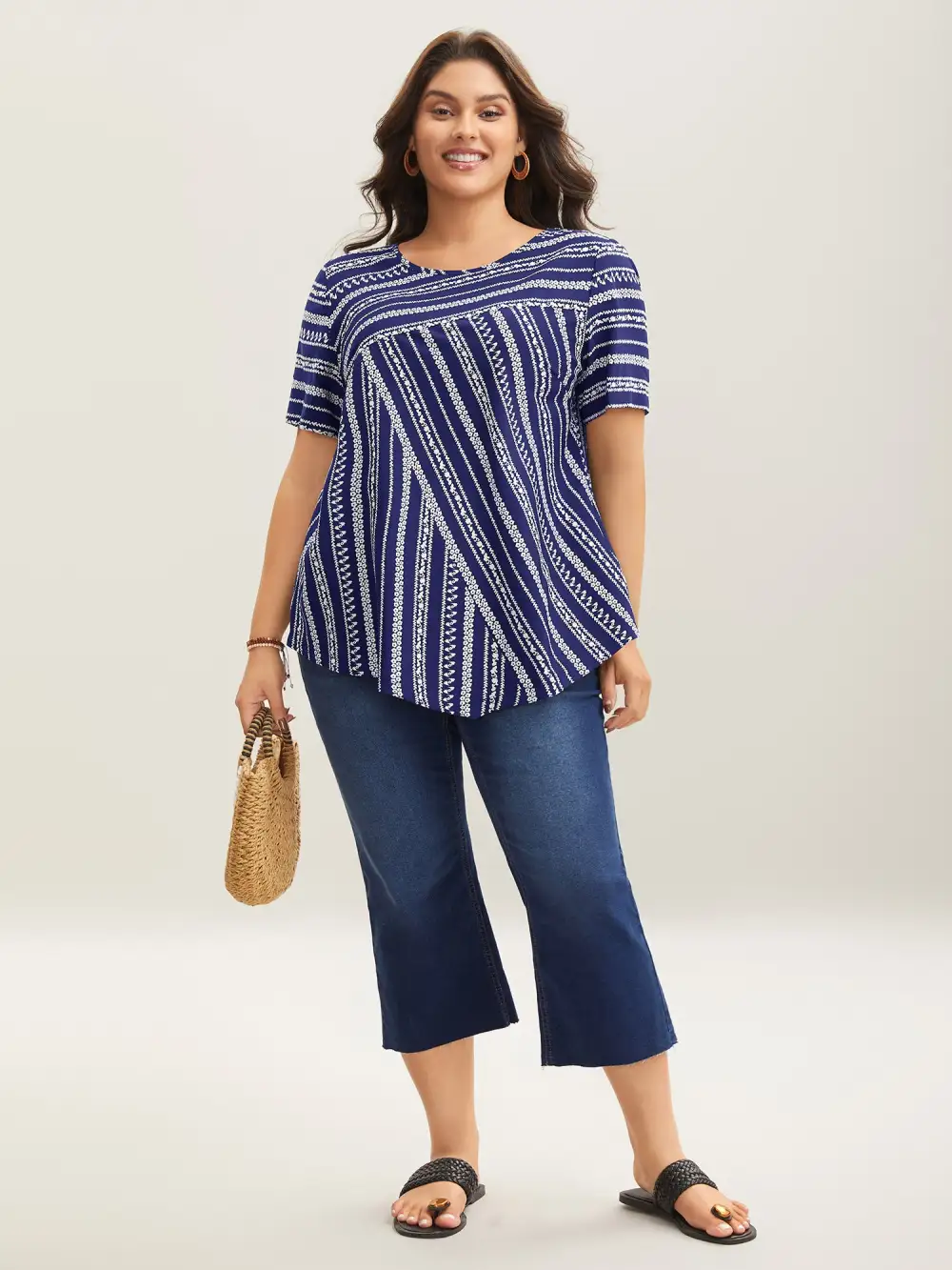 Striped Overlap Print Curvy Hem Blouse