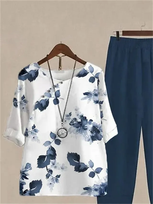 Women's Shirt Pants Sets Floral Holiday Weekend Print Blue Elegant Fashion Daily Round Neck Fall & Winter
