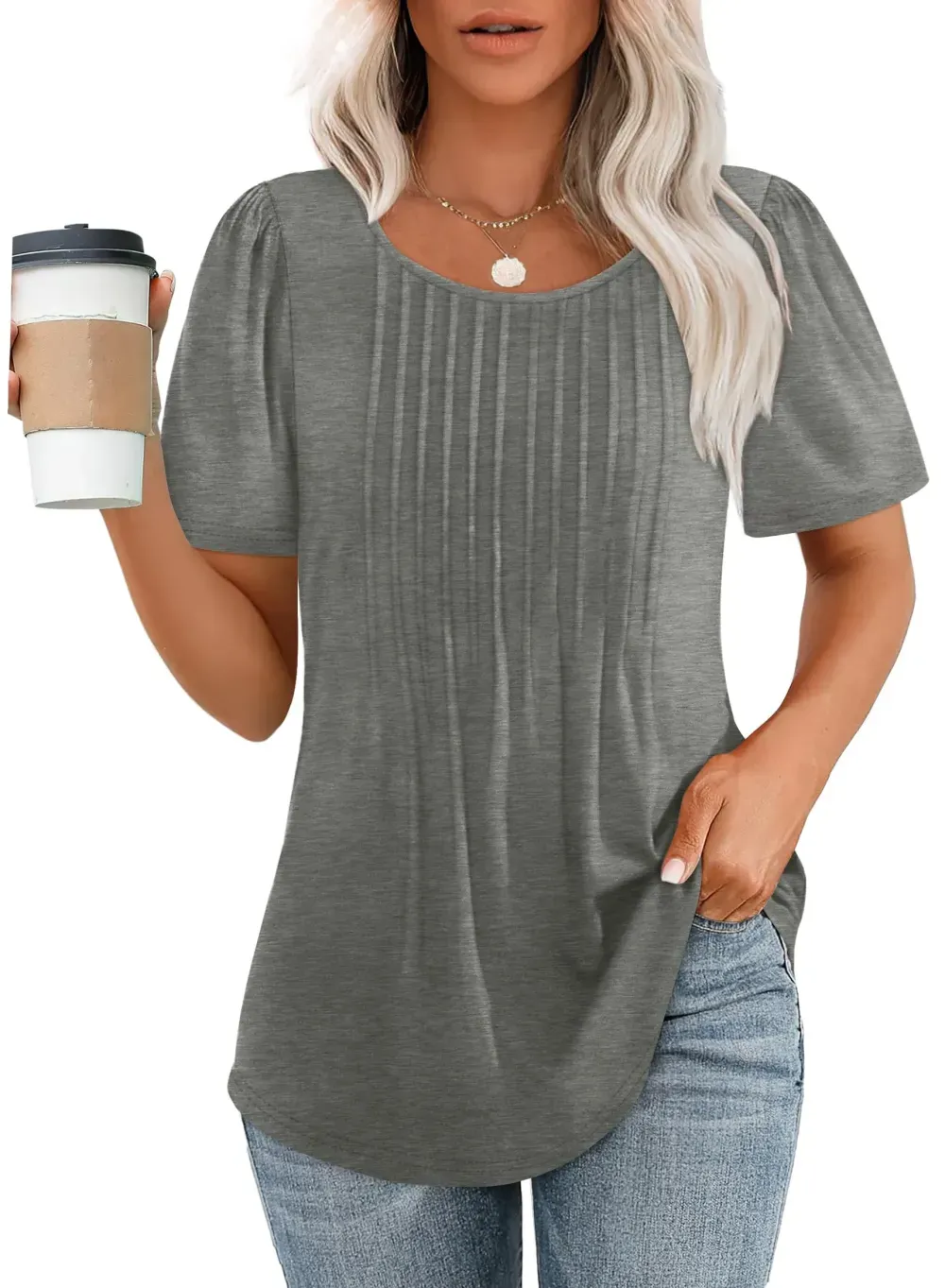 📣Women Summer Pleated Short Sleeve Tunic Blouses Tops