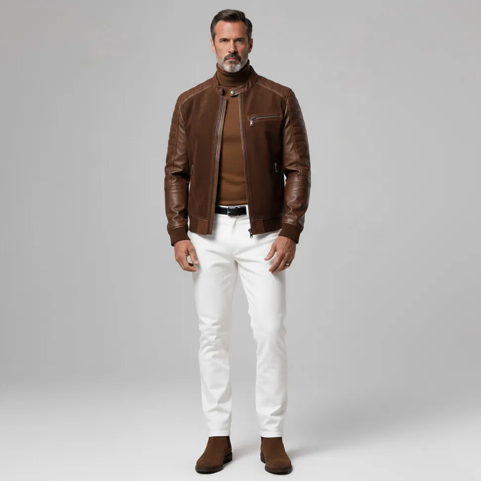 Men's Brown Stand Collar Quilted PU Leather Sleeve Patchwork Suede Zipper Pockets Jacket