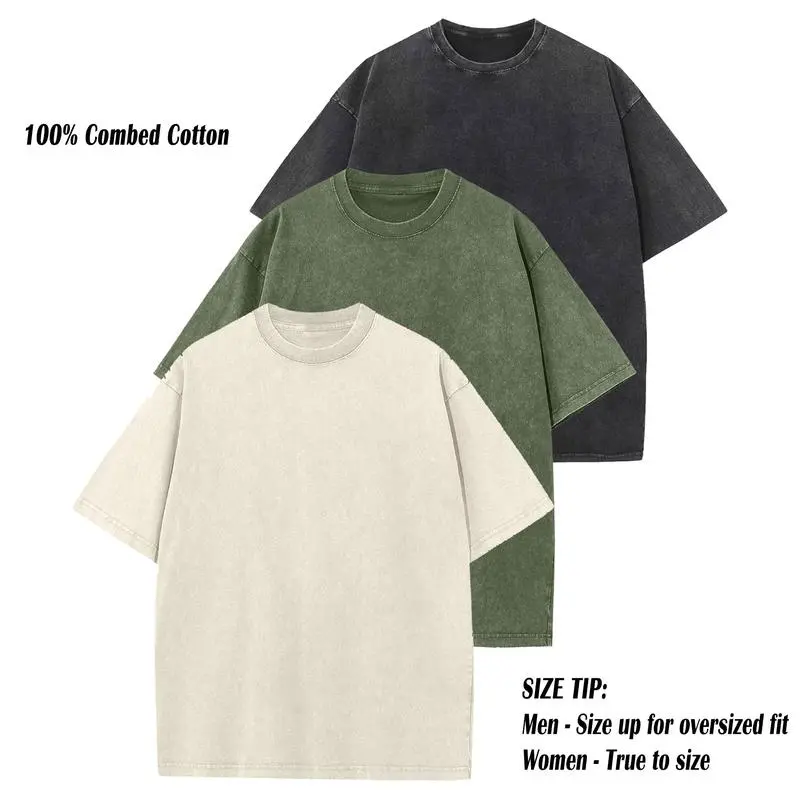 3 Pack Acid Wash Oversized Cotton T-Shirts – Unisex Casual Crew Neck Summer Tops
