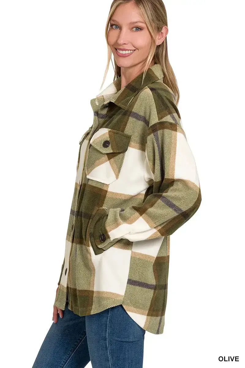 Zenana Oversized Green Plaid Fleece Shacket