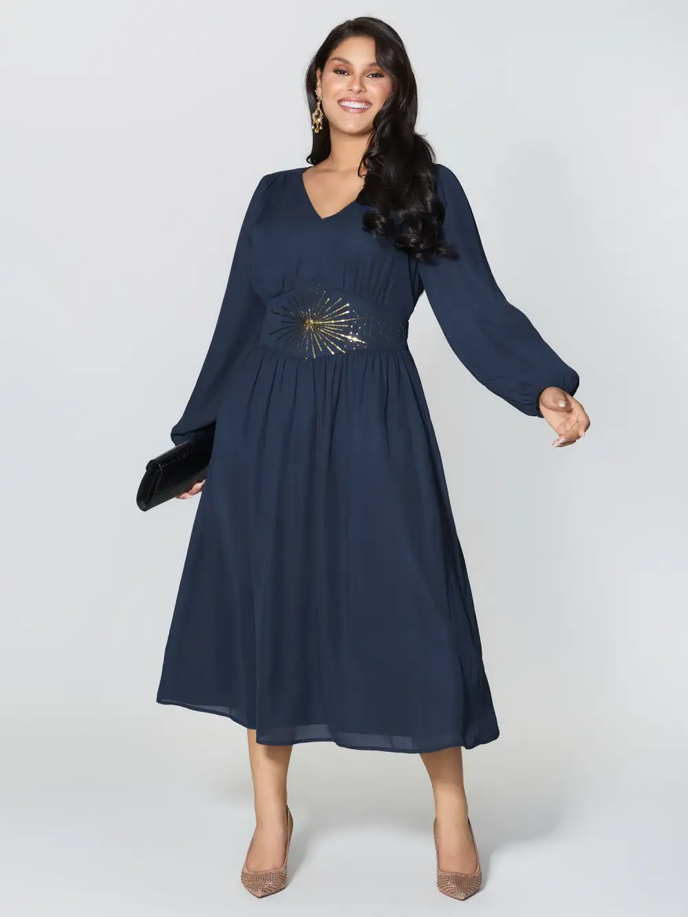 Gold Sequin Embroidery Sheer Shirred Midi Dress