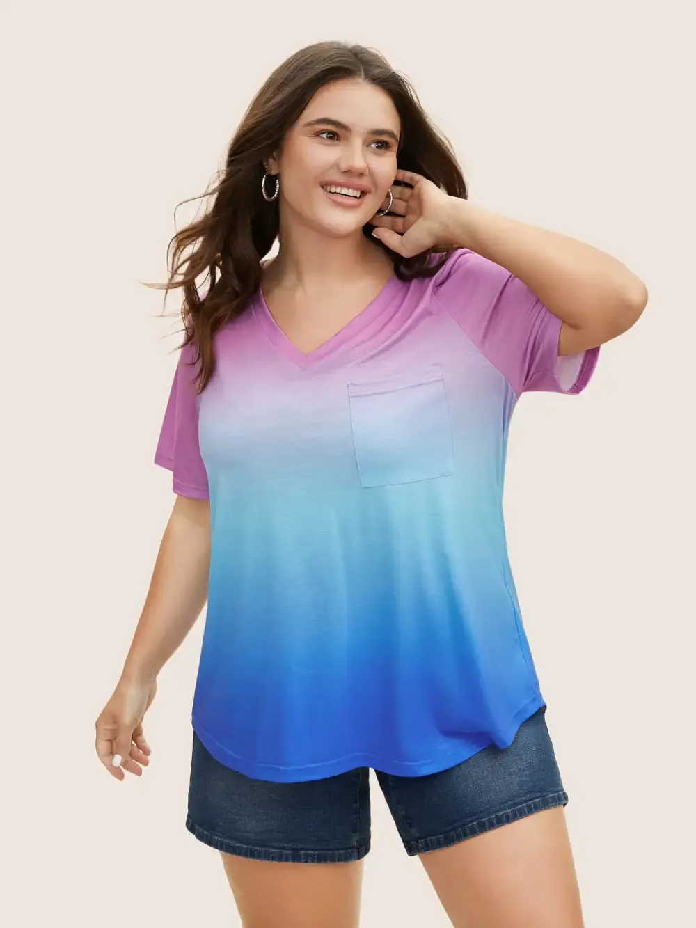 Ombre Contrast Patched Pocket T-Shirt
