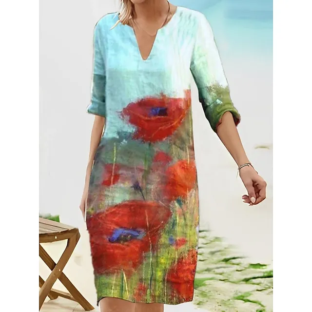 Women‘s Casual Dress Midi Dress Leopard Black White Half Sleeve Floral Print
