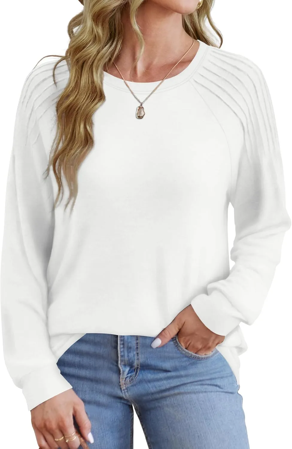 Sweatshirt for Women Crewneck Pleated Long Sleeve Shirts Tunic Tops Fashion 2024