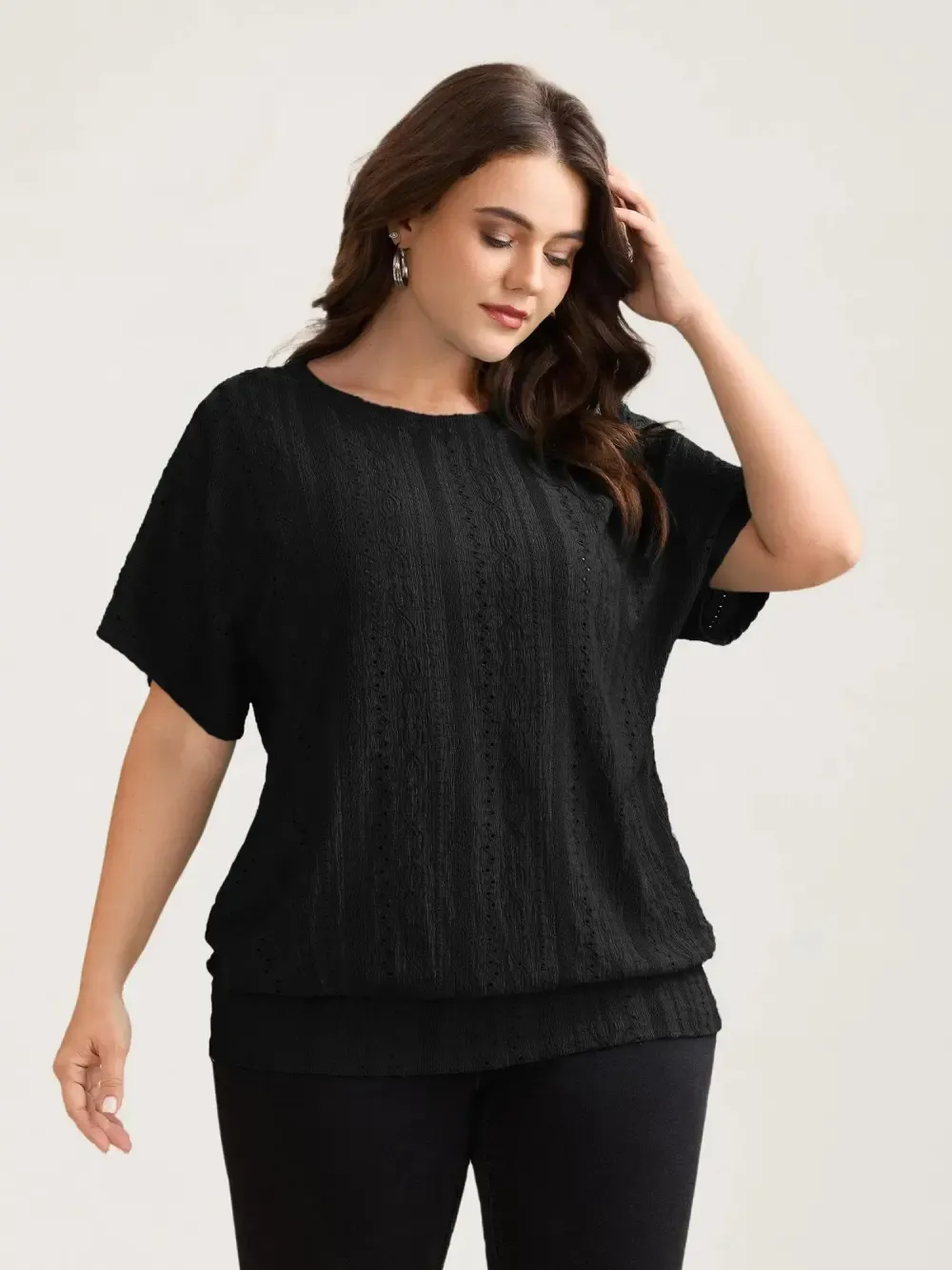 Eyelet Trim Stretchy Textured Plain Top