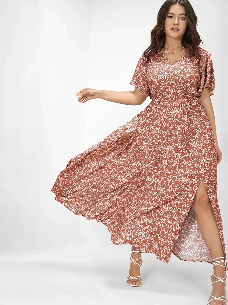 Bloom Dress - Flutter Sleeve Ditsy Floral Pocket Split Maxi Dress