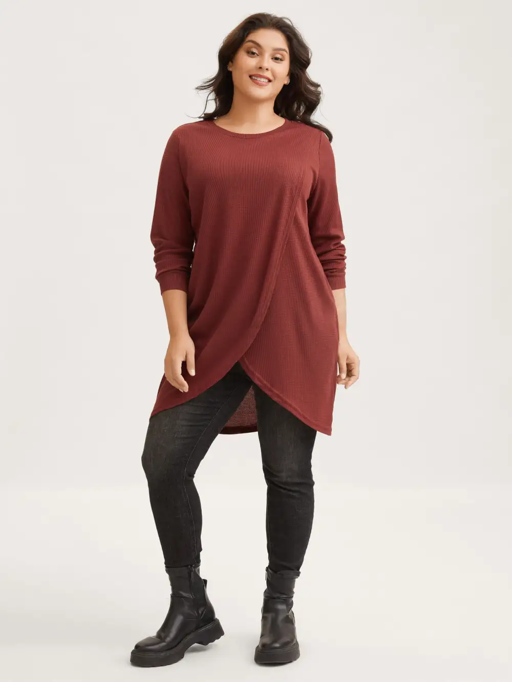 Solid Waffle Knit Overlap Hem T-shirt