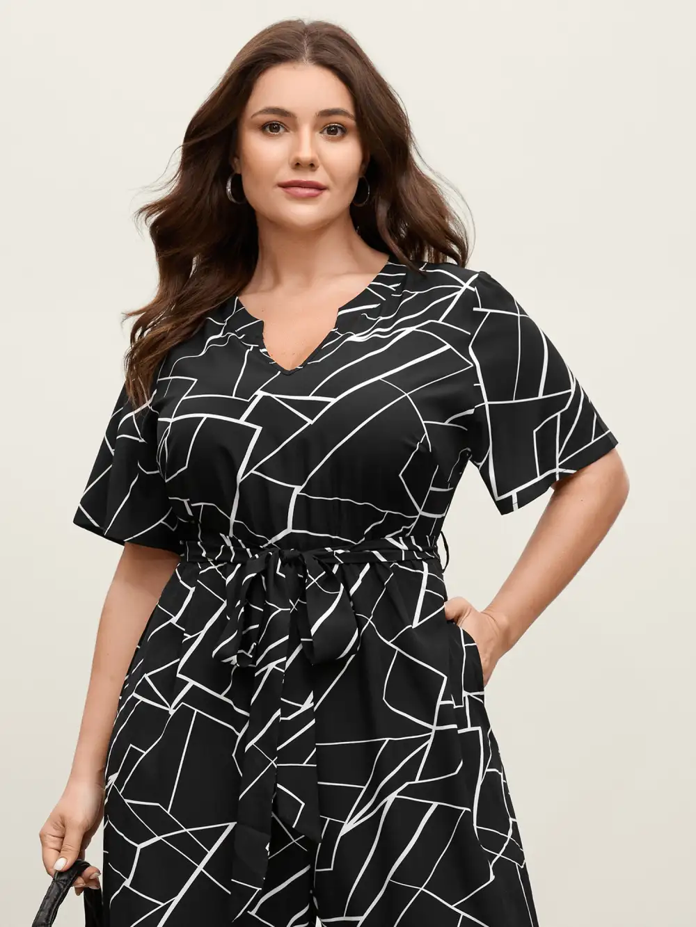 Geometric Print Waist-Defining Belted Jumpsuit