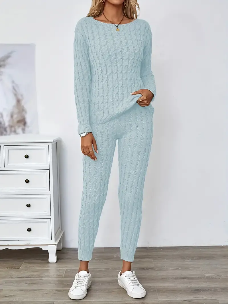 Solid Knitted Matching Two-piece Set, Casual Long Sleeve Sweater & Pants Outfits, Women's Clothing