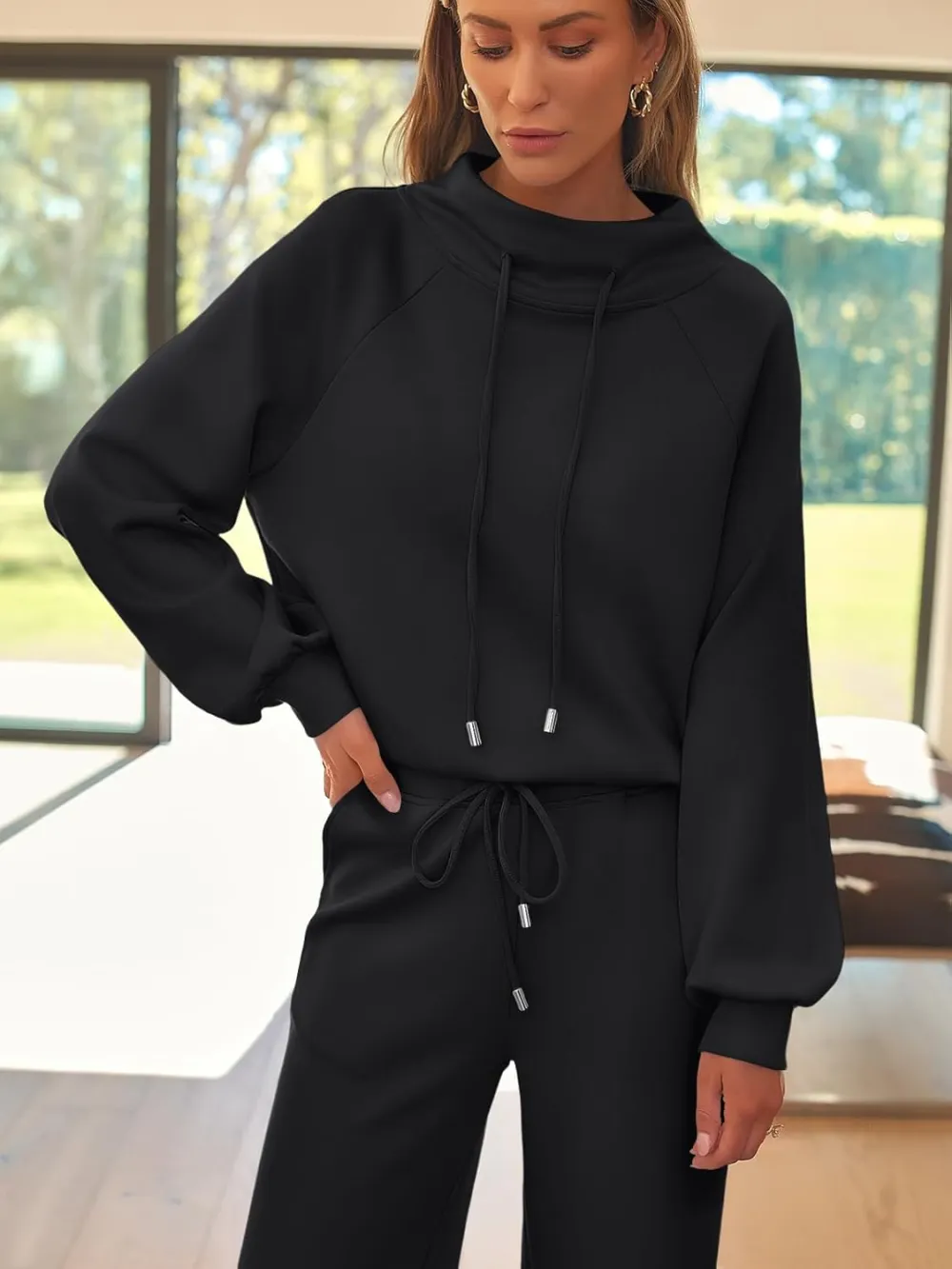 Lounge Sets for Women Sweatsuits 2 Piece Outfits 2024 Fall Drawstring Sweatshirt Wide Leg Sweatpants Tracksuit