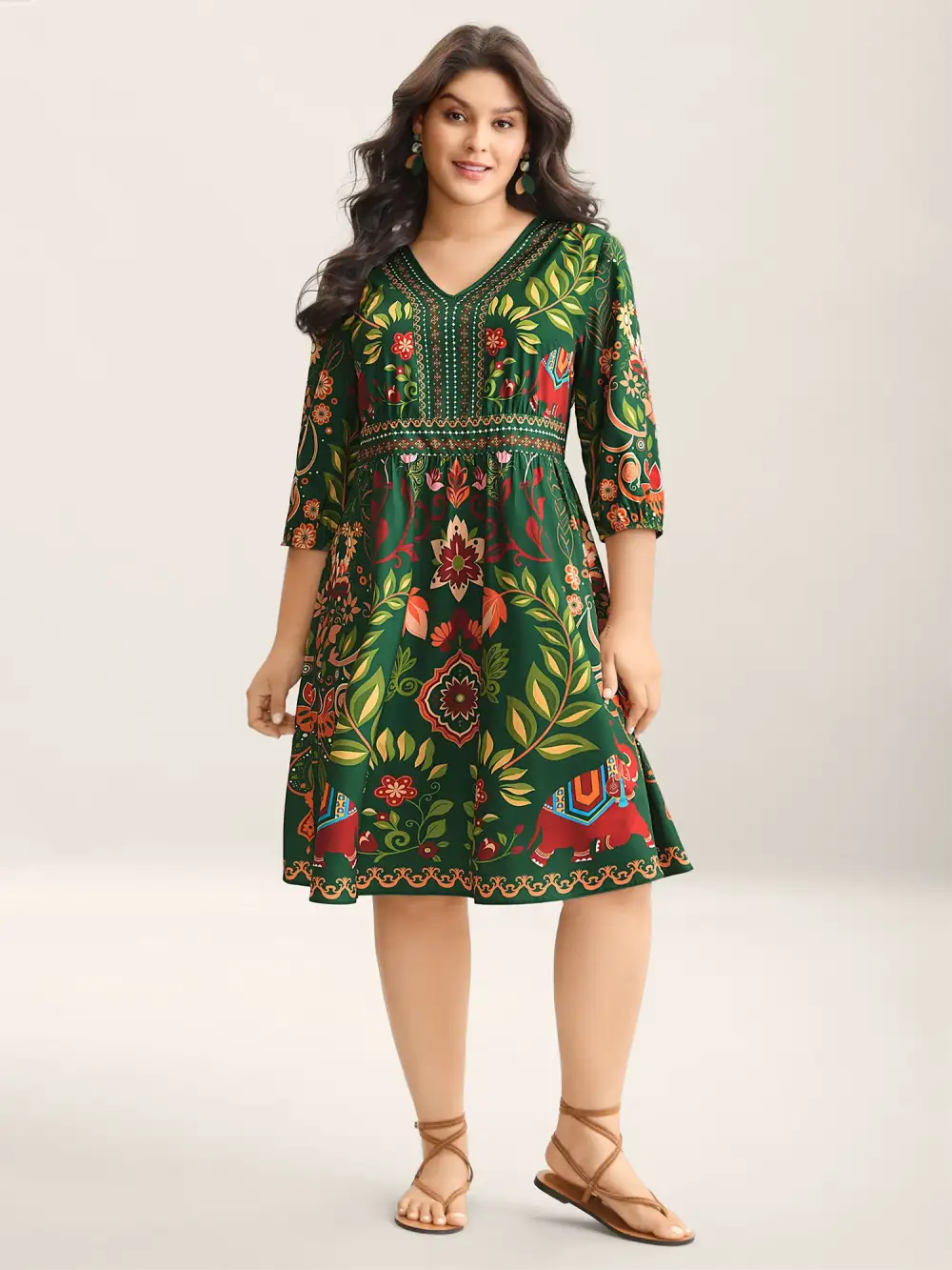 Boho Print V-Neck Pockets Midi Dress