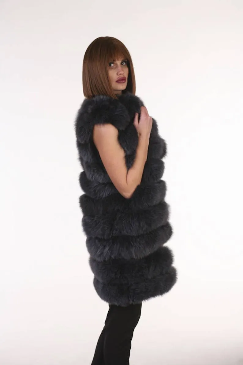 Dark Grey Fox Fur vest hoodedWomen’s