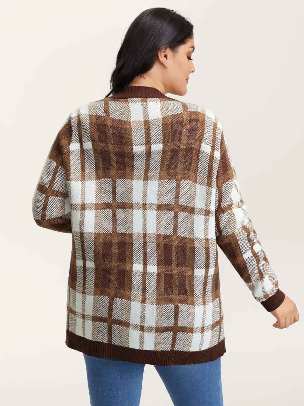 Plaid Jacquard Pattern Knit Cardigan