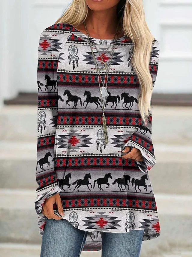 Women's Plus Size T shirt Tee Tunic Shirts Geometric Plaid Casual Print Light Green Long Sleeve Vintage Tunic Ethnic Round Neck Fall & Winter
