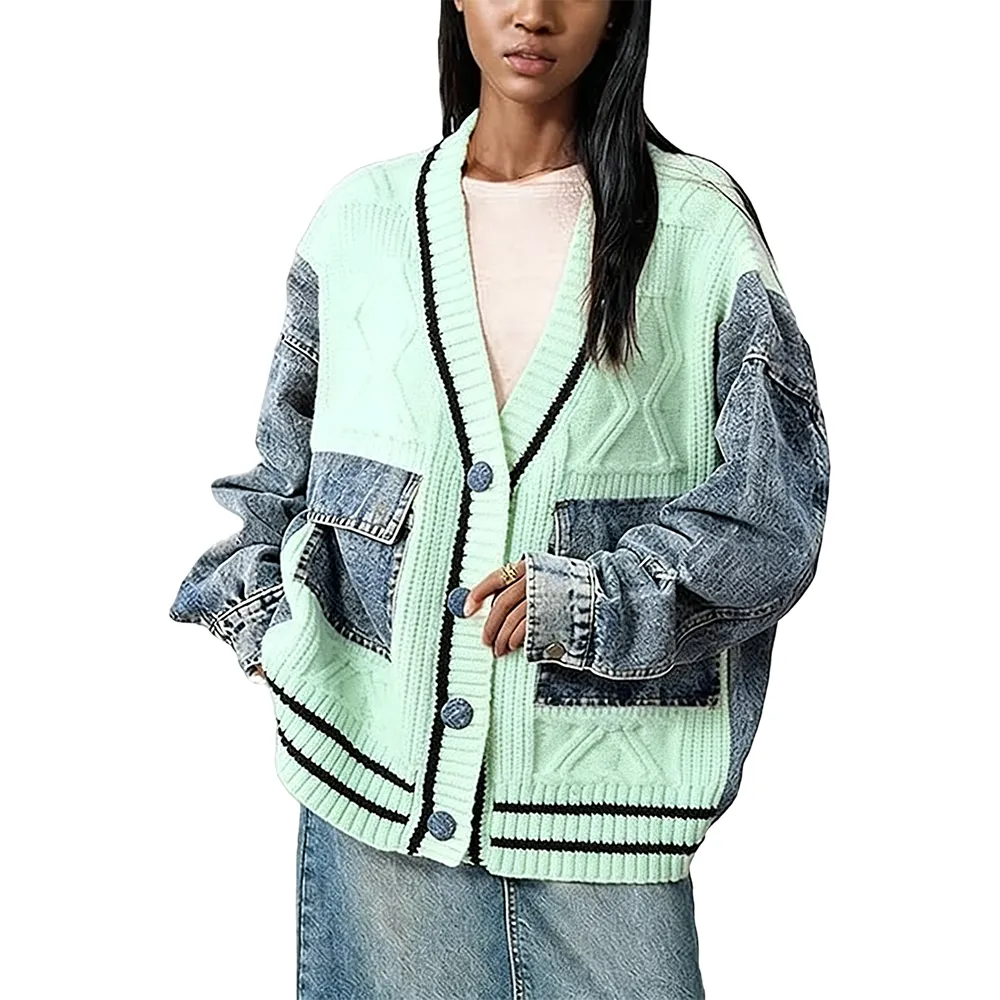 Unique Denim Patchwork Cable Knitted Coat