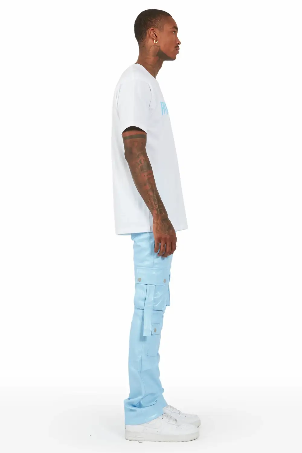 Errol Baby Blue Faux Leather Stacked Cargo Jean