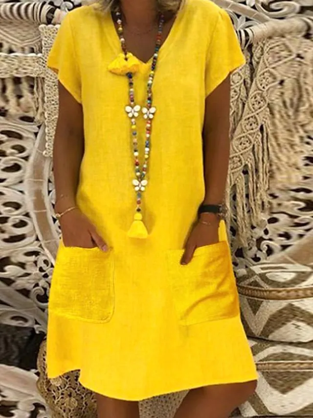 Women's Casual Dress Casual Dress Shift Dress Pure Color Pocket V Neck Midi Dress Basic Daily Vacation Short Sleeve Loose Fit Black Yellow Light Green Summer Spring S M L XL XXL